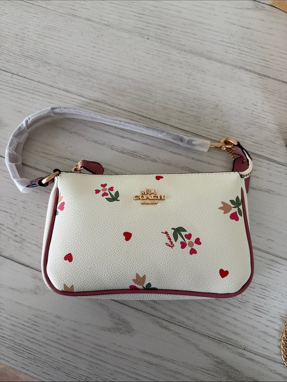 Coach White Mini Crossbody with Red Floral & Pink Heart Accents